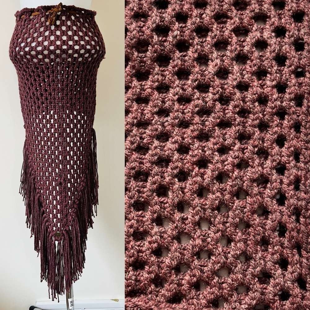 Boho Crochet Festival High Low Skirt Loose Knit Beach Swim  Cover Up Fringe Sz S